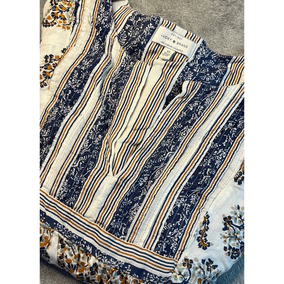 Lucky Brand Tops - Lucky Brand 100% Viscose Blue Orange Ivory‎ Floral V-Neck Tunic Peasant Blouse